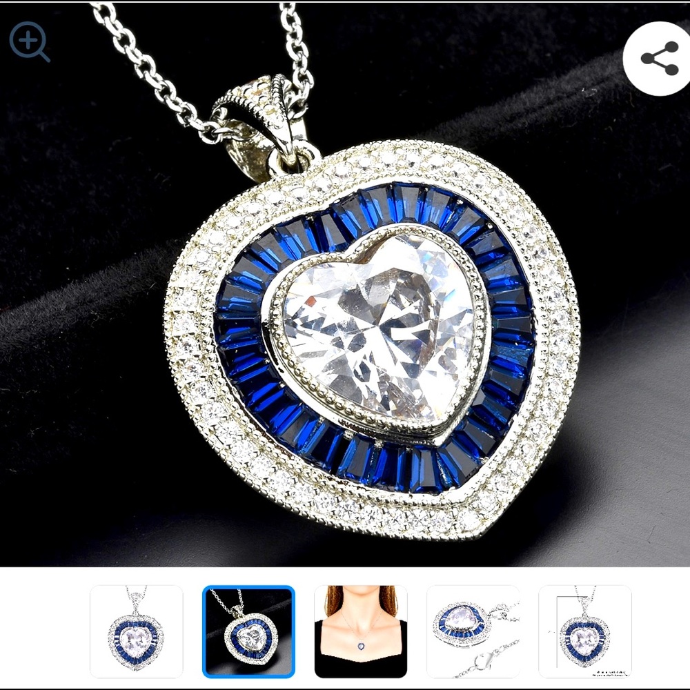 Necklace in silver tone stainless steel simulated Blue Diamond heart  20inches